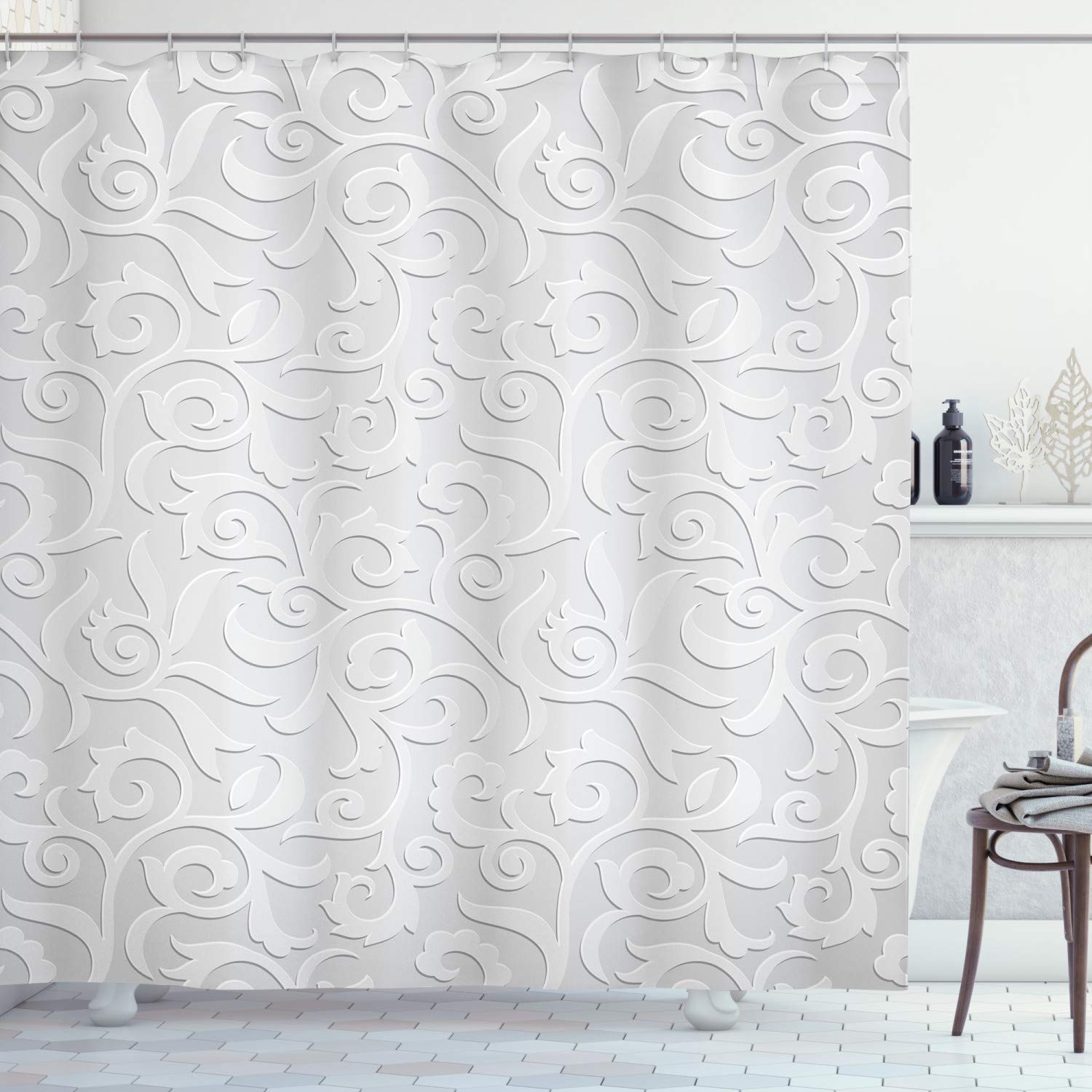 ABAKUHAUS Grey Shower Curtain, Abstract Natural Ivy Leaves Flowers Curly Branches Vine Victorian Style Pattern Art Print, Cloth Fabric Bathroom Decor Set with Hooks, 175 x 200 cm, Gray