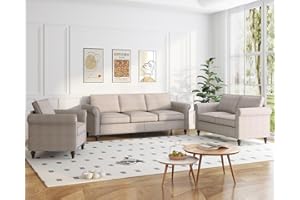 BALUS 3 Pcs Sofa Set, Couches Set for Living Room with Wooden Sofa Legs, Linen Living Room Furniture with Nailhead Trim, 5" Cushion, Sectional Sofas Includes 3-Seater+ Loveseat + Armchair, Beige