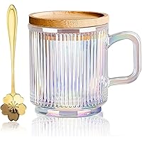 Clear Iridescent Glass Mug with lid and Cherry Blossoms Spoon, Tea Mugs Coffee Glass Cup, Pretty Mug for Milk Latte Chocolate