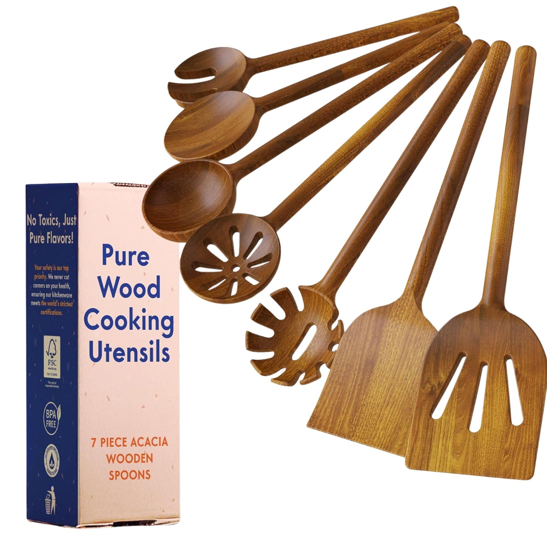 Photo 1 of Non-Toxic Wooden Spoons for Cooking– 7-Piece Kitchen Utensils Set, Glue-Free & One-Piece Cooking Utensils, Natural Wooden Utensil Set with Plant-Based Finish, Free of Forever Chemicals