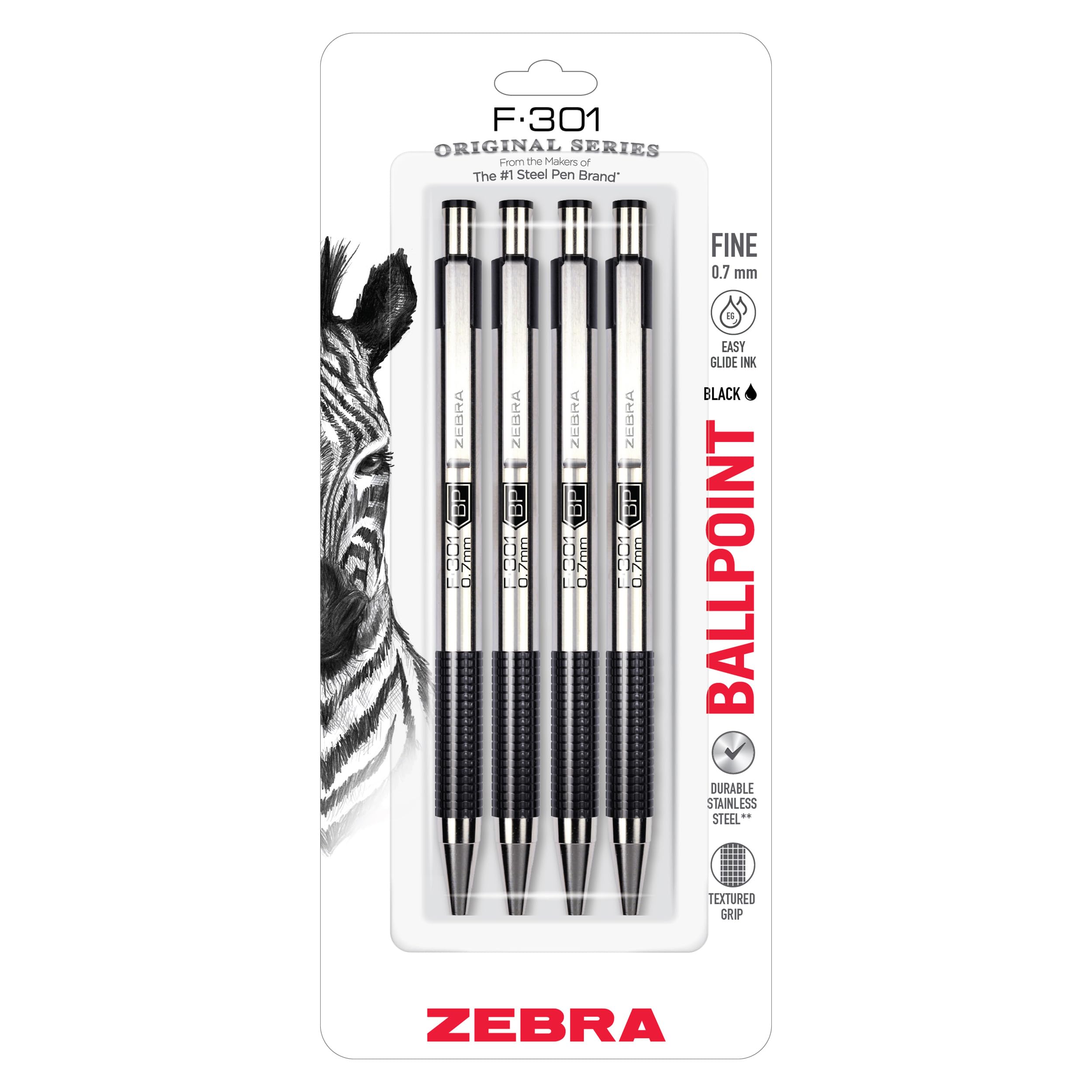 Zebra Pen STEEL F-301 Retractable Ballpoint Pen, Black Ink, 0.7mm, 4-Pack