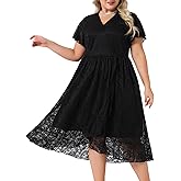 Agnes Orinda Womens Plus Size Lace Cocktail Dresses Faux Wrap V Neck Short Sleeve Flowy A Line Wedding Guest Midi Dress