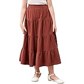 GORLYA Girls Casual Vintage Solid Elastic High Waist Tiered Hem Long Swing Linen Maxi Skirt for 4-14T