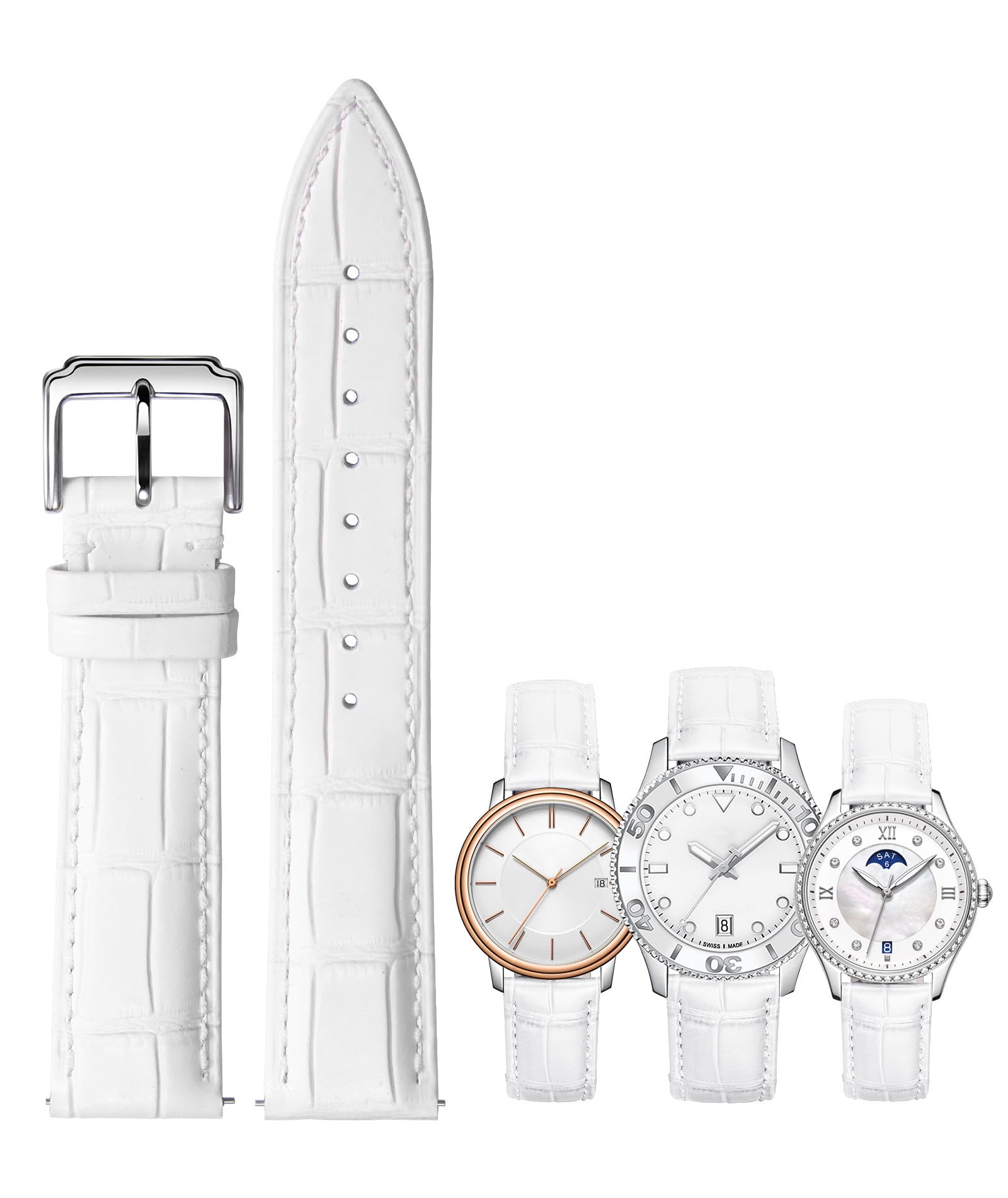 BINLUN Leather Watch Strap Quick Release Replacement Crocodile Leather Watch Bands for Men Women (White, 19mm)