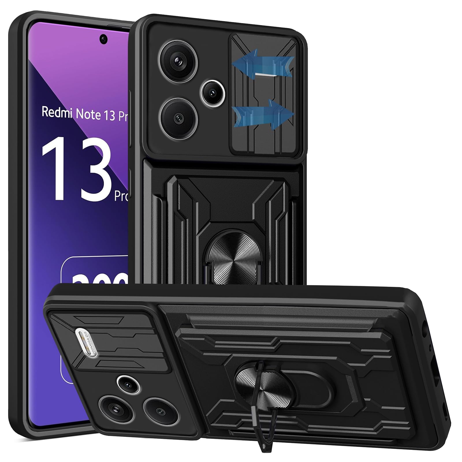 KZIOACSH Case for Redmi Note 13 PRO PLUS/Note 13 PRO+, Military Grade Anti-Drop Phone Case [360°Rotate Magnetic Ring Stand][Slide Camera Lens][Removable Card Holder]Anti-Scratch Hybrid Bumper Cover