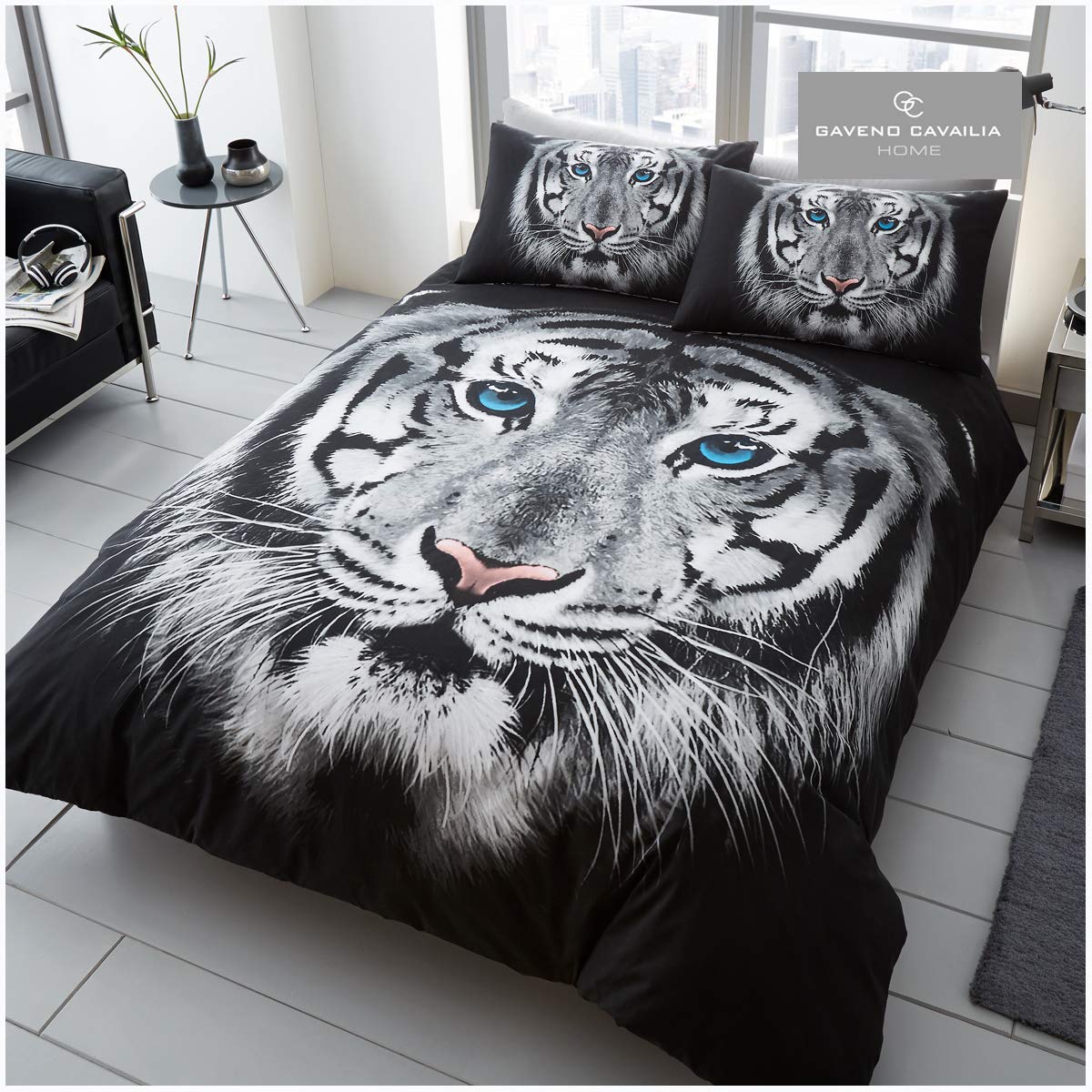 Gaveno Cavailia Animal Print 3D White Tiger Face King Duvet Set, Premium Wildlife Bedding, 3 Piece Cotton Blend Reversible Bedlinen, Easy Care DuvetCover Bedset, 1 Quilt Cover + 2 Pillow Cases