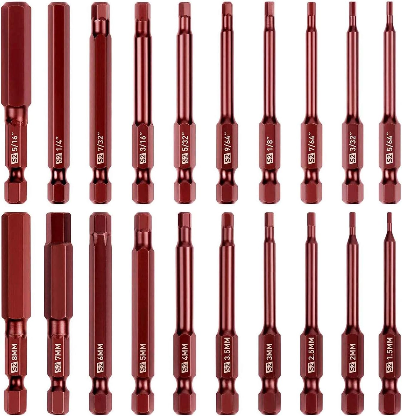 Amartisan 20 PACK Hex Head Allen Wrench Drill Bit Set, Metric and SAE S2 Steel Hex Bits Set, Magnetic Tips, 2.3" Long With Storage box - - 