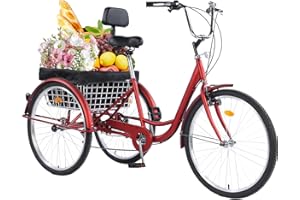 WYUEEEE Versatile 24/26-Inch 3-Wheel Adult Tricycle with 7-Speed Gearing and Spacious Basket for Comfortable Riding and Storage for Recreation, Shopping, Picnics