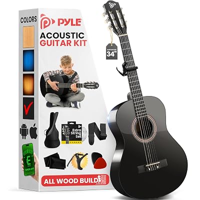 Pyle Classical Guitar Starter Kit - 34" 1/2 Size All Wood Instrument with Capo, Gig Bag, Strings, Strap, Picks (Black Gloss)