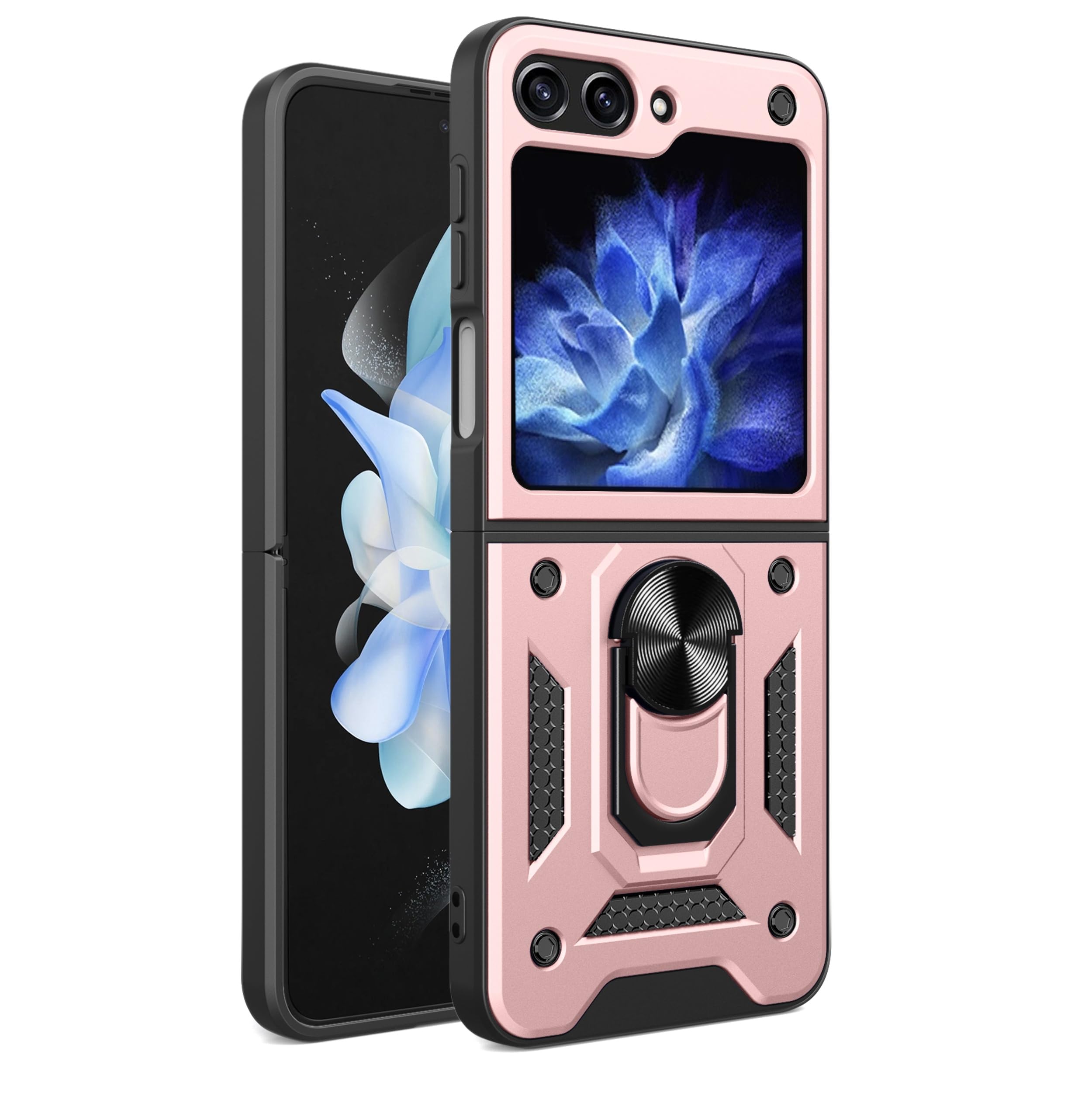 RKINC Case for Samsung Galaxy Z Flip 7 FE/Flip 6 Case with Slide Camera Cover & Rotated Ring Kickstand Military Grade Shockproof with Magnetic Car Mount Holder Cover, Rose Gold