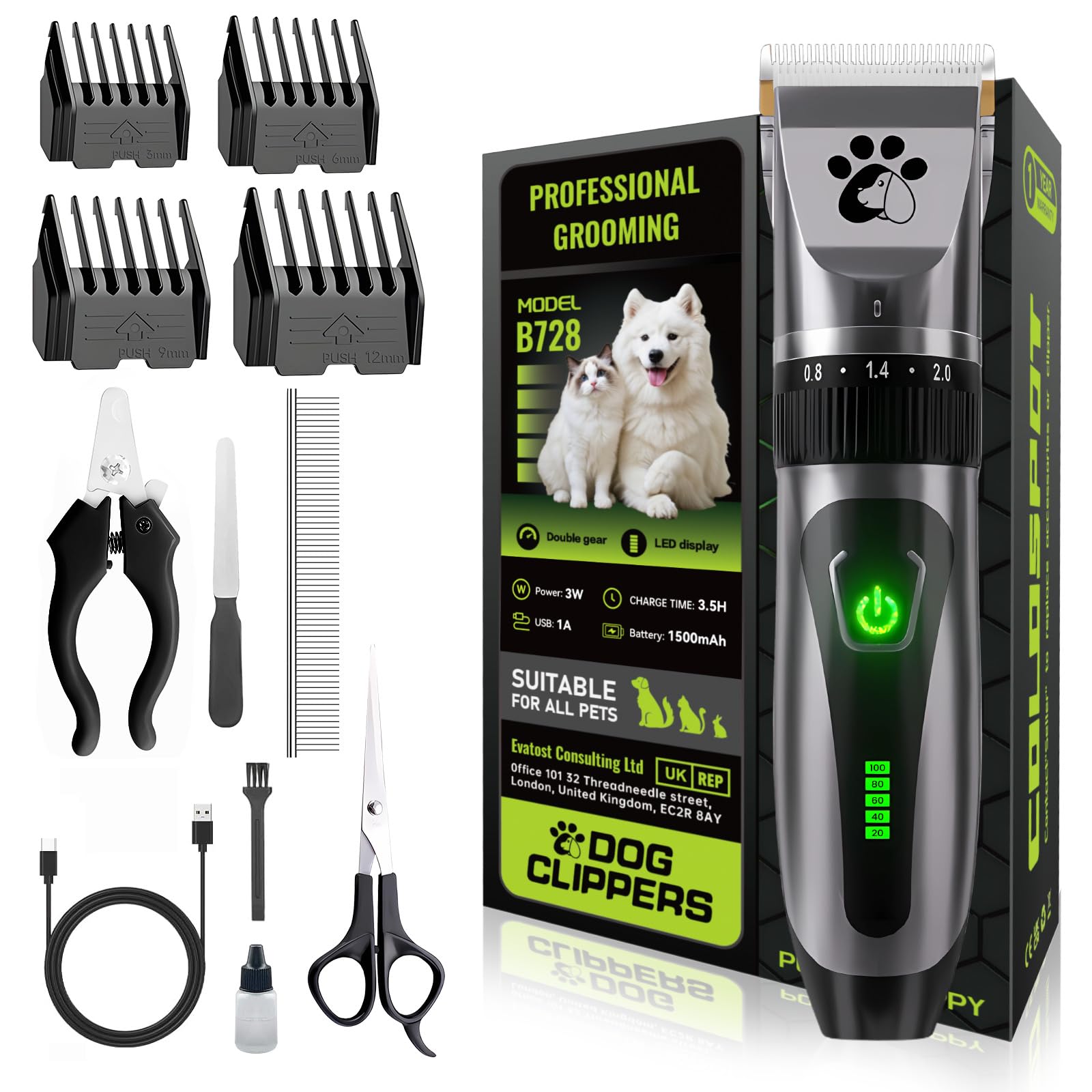 Dog Clippers Cordless, Professional Pet Clippers, 2-Speed Low Noise Dog Grooming Kit, Pet Trimmer for Small Large Thick Hair Dogs Cats