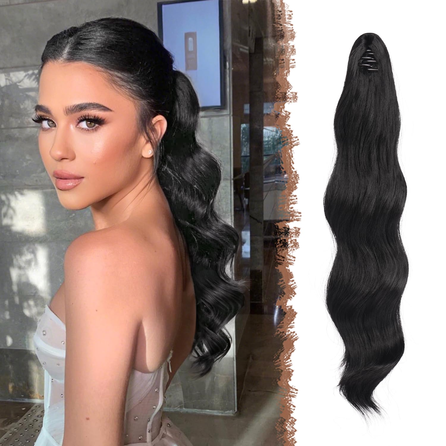 FESHFEN Ponytail Extensions 20 inch Long Wave Ponytail Claw Clip in Pony Tail Hair Extensions Wavy Ponytails with Claw Clip Synthetic Hairpieces for Women Girls Off Black
