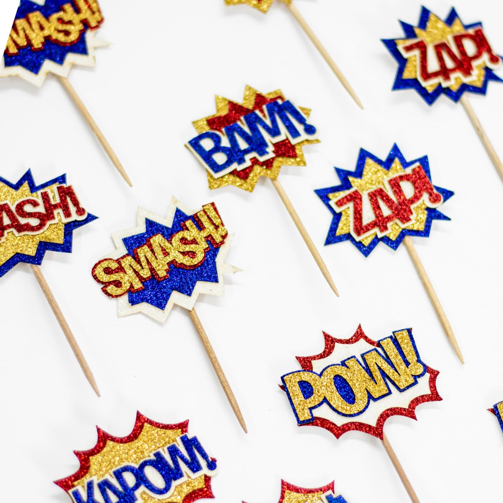 Photo 1 of Confetti! Superhero Themed Glitter Cupcake Toppers (12 Pack) - Crafted from Multi-Layer, Non-Shed Glitter Cardstock Comic Book Styles Party Vibe. Birthday party supply, baby shower