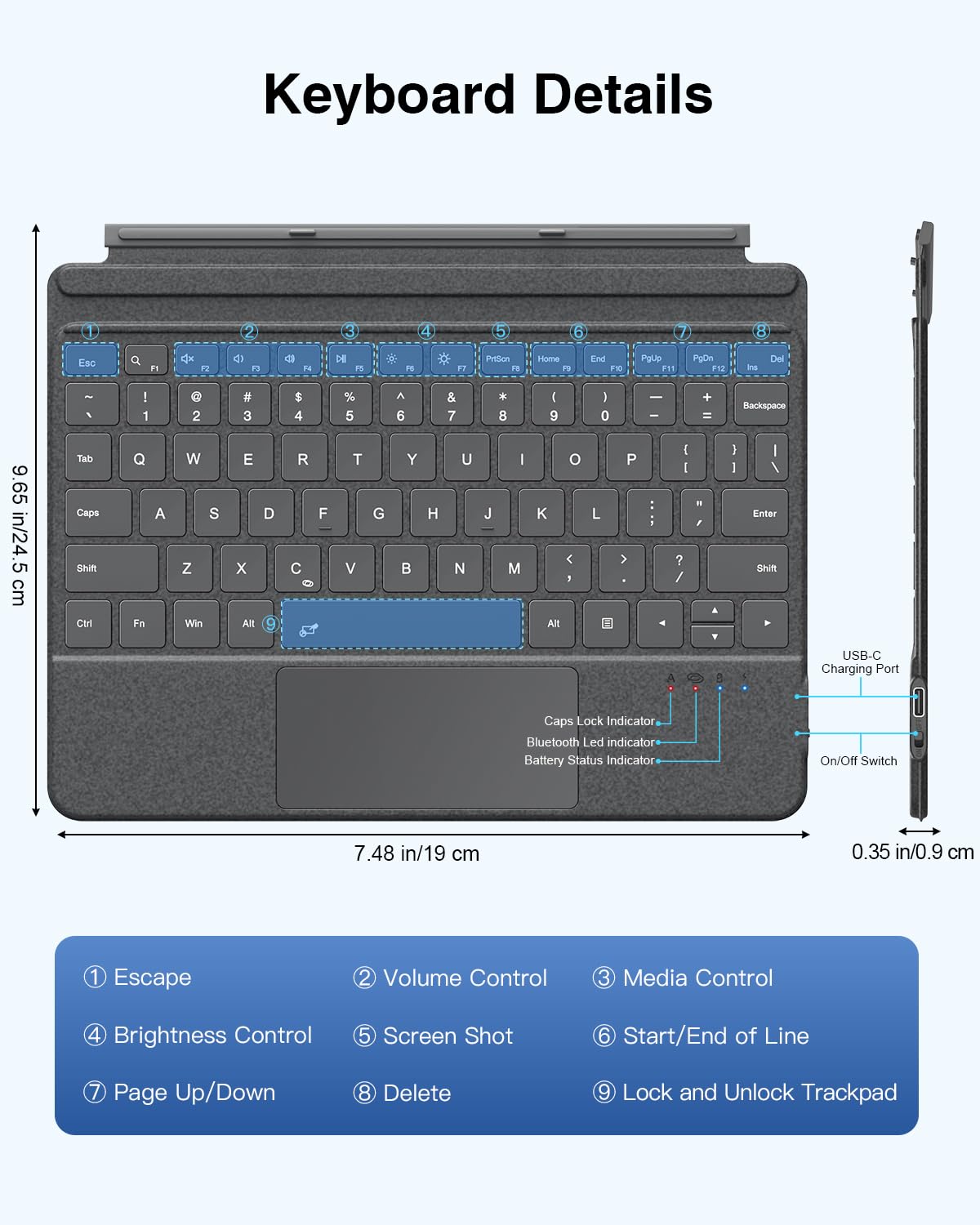 MoKo Microsoft Surface Go Type Cover, Lightweight Ultra-Slim Wireless Bluetooth Keyboard with Micro-USB Charging Cable and Built-in Rechargeable Battery for Surface Go 10 2018 Tablet - Black