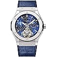 Automatic Watches for Men, Skeleton Watches for Men Analog Tourbillon Watch Starry Sky Dial 12-Hour Small Dial Moon Phase Mechanical Watch Blue Leather Strap