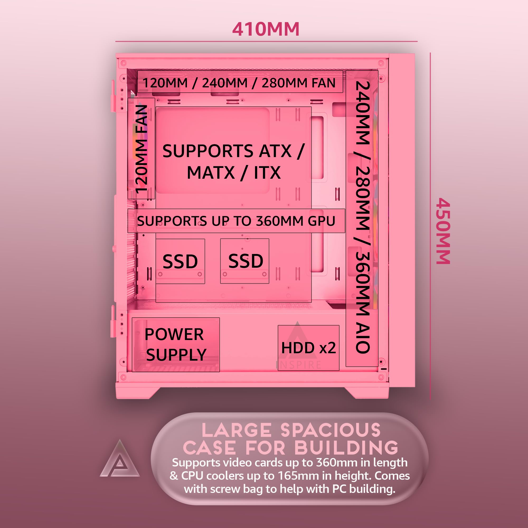 Apevia Inspire-PK Inspire Mid Tower ATX Gaming PC Case w/ 4X 120mm ARGB Fans, 366 RGB Light Modes, 1x Metal Mesh Airflow Front Panel, 1x Door Swivel Style Magnetic Glass Side Panel, 2X USB3.0, Pink