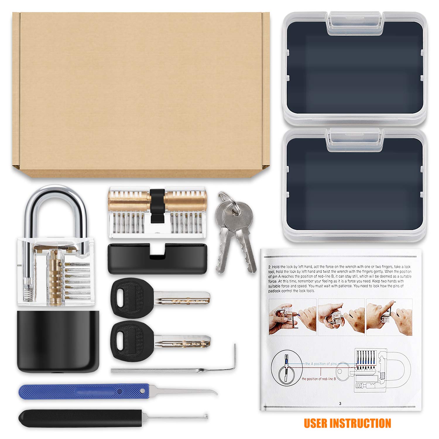 Kuject 2-in-1 Lock Pick Set, Lock Picking Training Set for Beginners, Include Transparent Cutaway Pin Tumbler Practice Padlock, Hook Pick, Dimple Lock, Dimple Pick, Tension Wrench