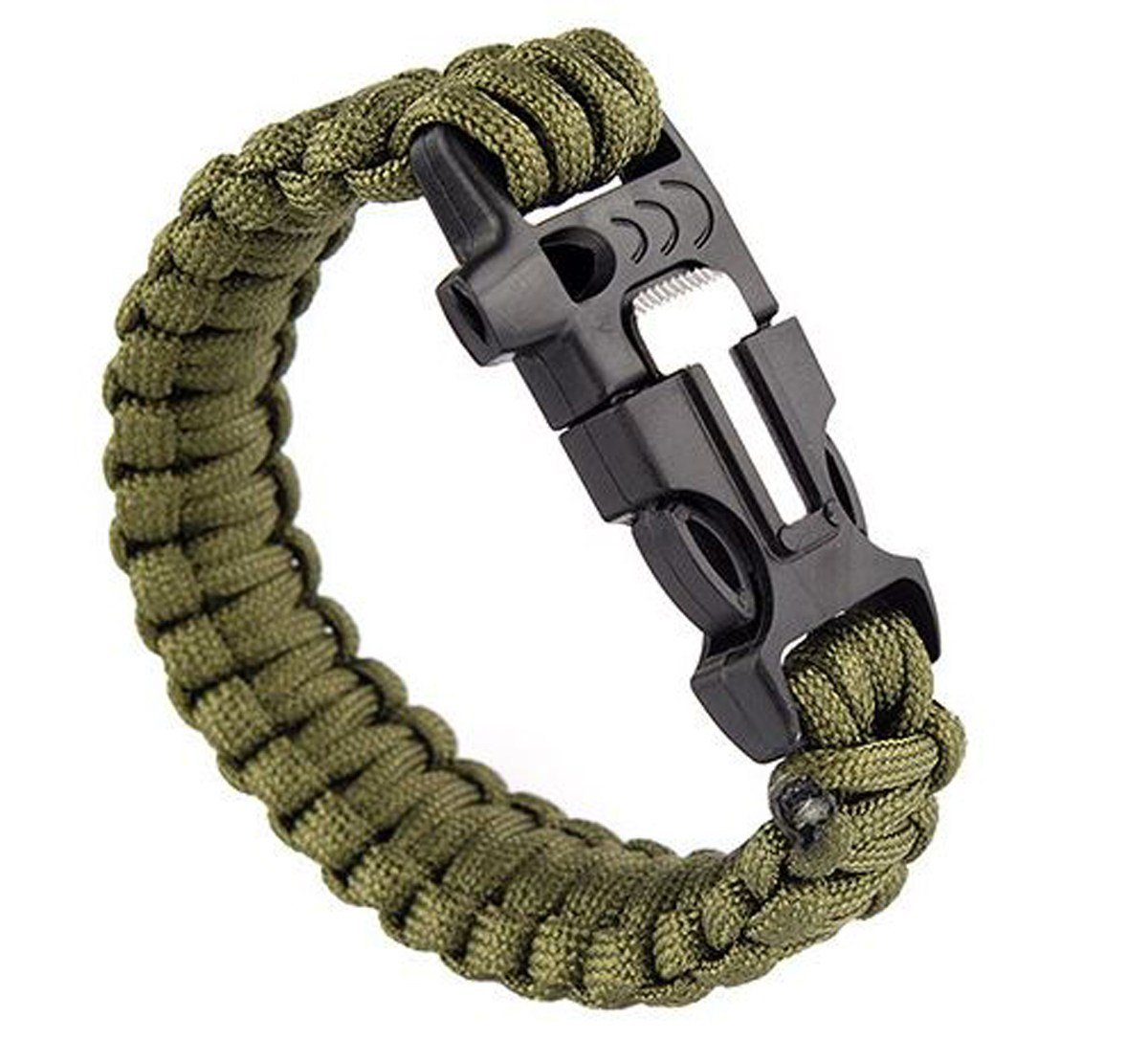 OUTLETISSIMO® Paracord ET103 3-in-1 Military Fire Whistle Survival Green Nylon and Robust ABS Plastic Bracelet 22.5 cm, 22.5 centimeters, Nylon