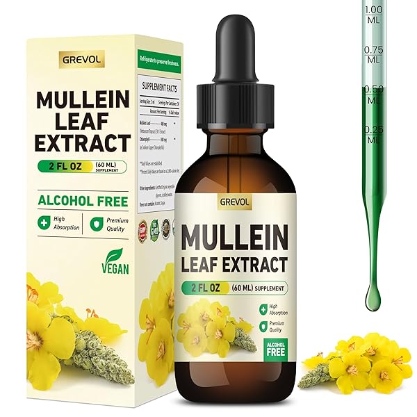 GREVOL MULLEIN DROPS FOR LUNGS, ORGANIC MULLEIN LEAF EXTRACT FOR LUNGS DETOX WITH CHLOROPHYLL HERBAL SUPPLEMENT, MULLEIN TINCTURE FOR RESPIRATORY& IMMUNE SUPPORT, NON-GMO VEGAN, 2 FL OZ