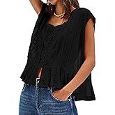 Women Y2k Semi Sheer Blouse Shirt Lace Trim Button Down Short Sleeve Round Neck Casual Going Out Tops Streetwear