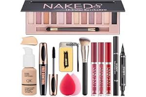 RENTONZ All in One Makeup Kit, Includes 12 Colors Naked Eyeshadow Palette, Nude Liquid Foundation, Lipstick Set, Eyebrow Soap, Eyeliner Stamp, Waterproof Mascara, Makeup Brush, Makeup Sponges