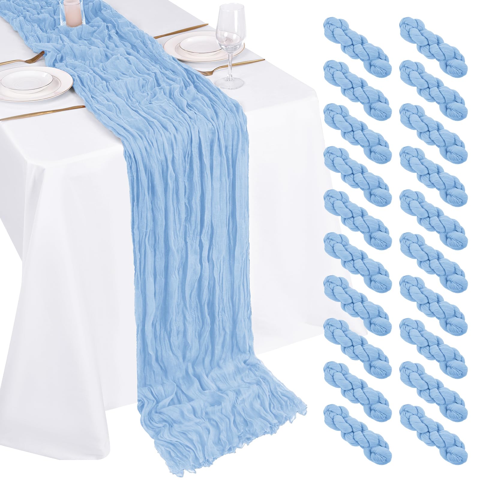 Photo 1 of 20 Pack Cheesecloth Table Runner - 17x108 Inch Light Blue Boho Gauze Cheese Cloth Table Runners for Baby Bridal Shower Decoration Wedding Party Summer Garden Farmhouse