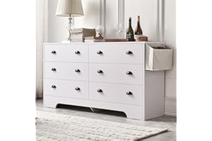 Ljirnt White Dresser for Bedroom, 6 Drawer Dresser Metal Handle and Charging Station, Dresser Chest of Drawers for Living Room, Hallway