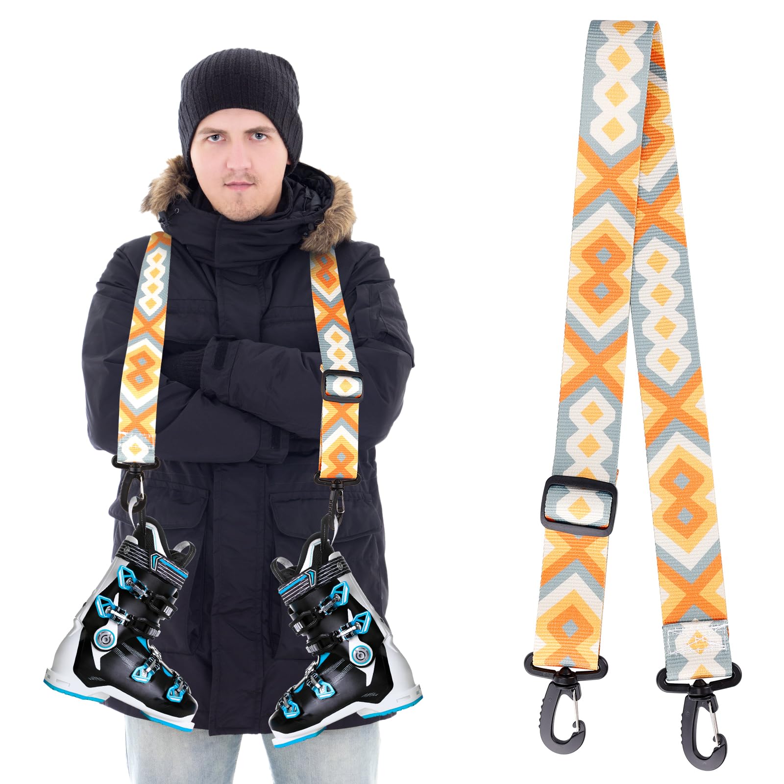 Ski and Boot Carrier Straps, Adjustable Skate Strap with 360° Swivel Buckle Ski Shoulder Strap Roller Skate Leash Ski Accessories for Skiing, Snowboarding(Yellow Blue)