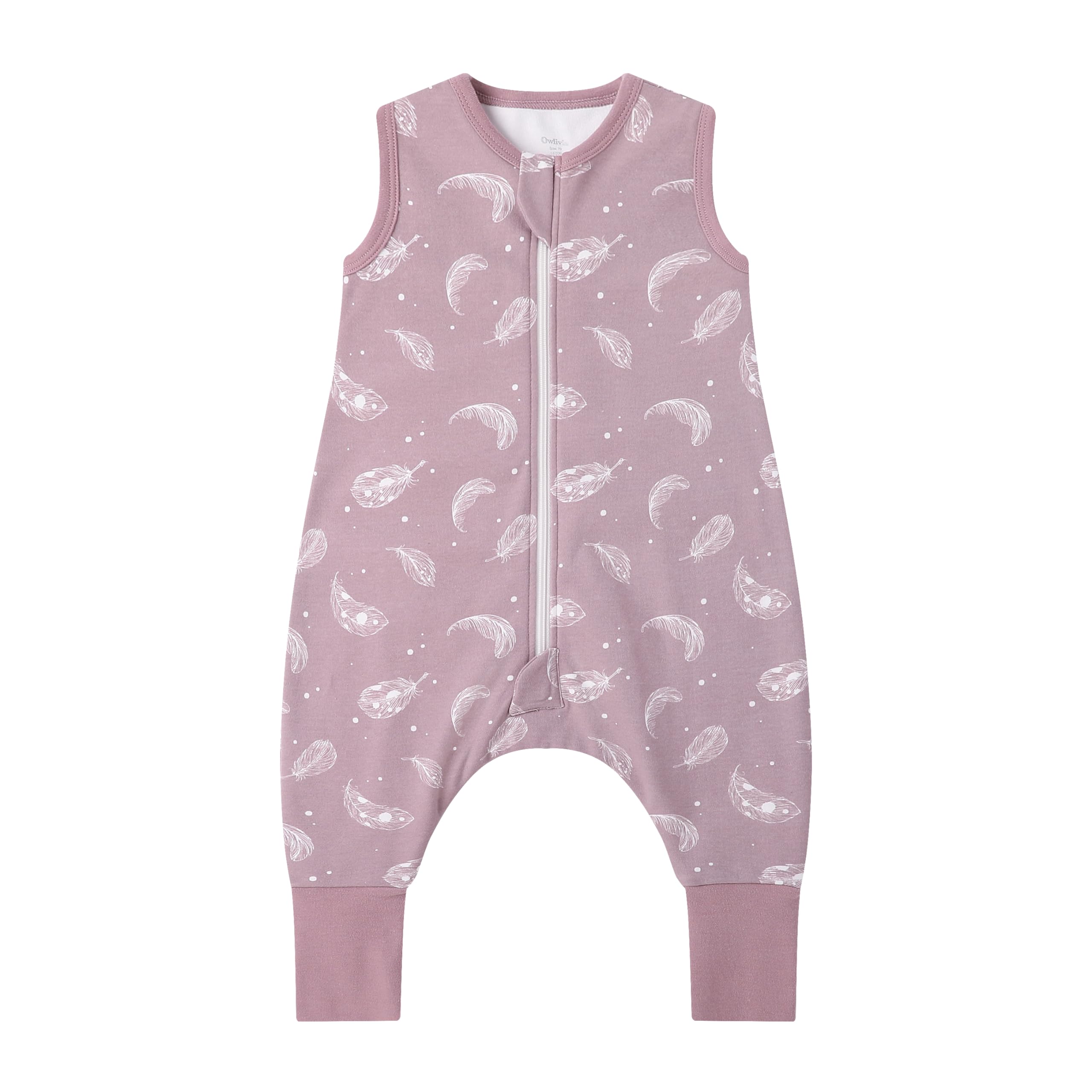 Owlivia 1.0 Tog 100% Organic Cotton Baby Sleeping Bag with Feet Toddler Sleeping Bags with Legs Sleeveless Wearable Blanket for All- Season Comfort（Feather Mauve, 70cm/1Y）