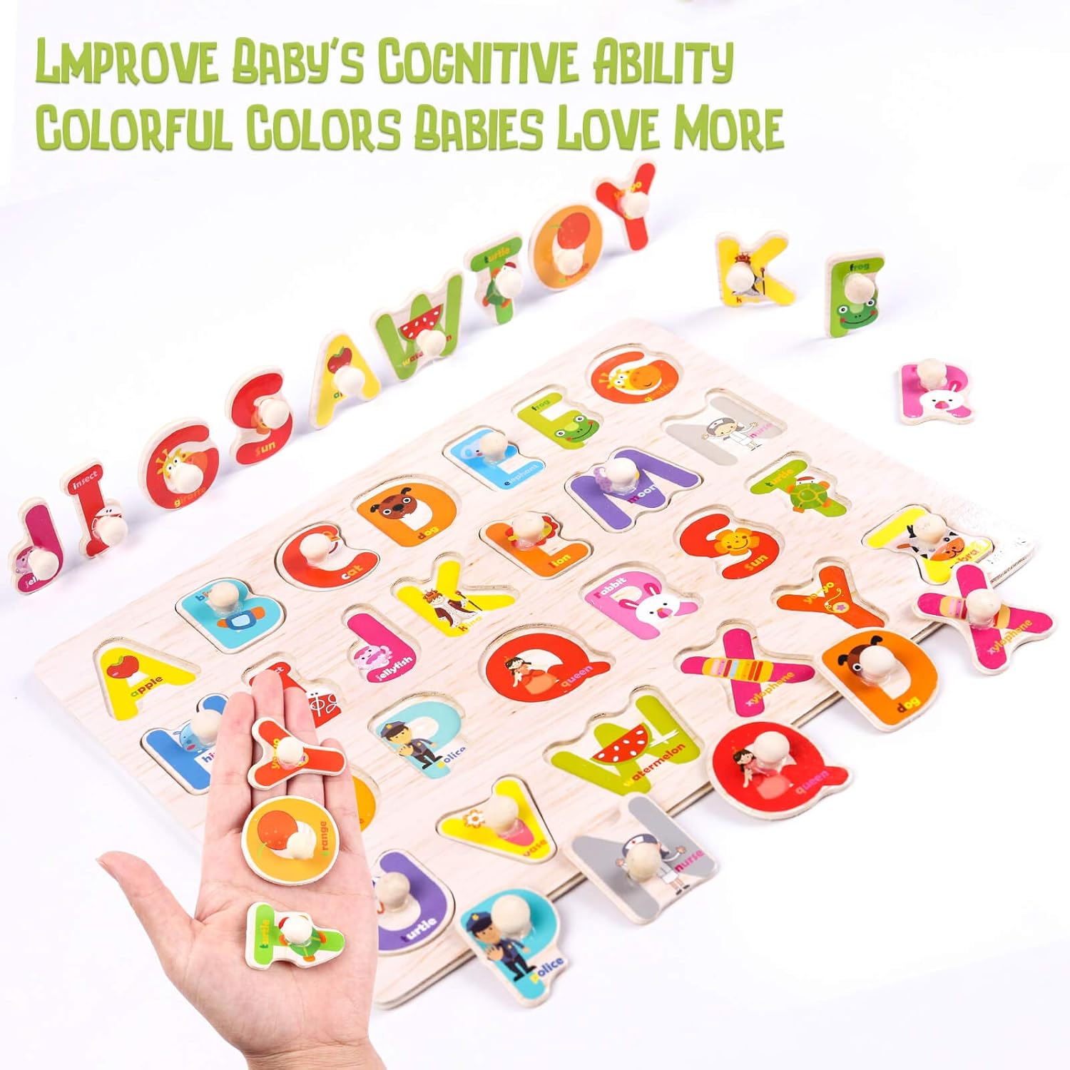 WADILE Wooden Toddler Puzzles for Kids Ages 1-5 Years Old, Wood Peg Puzzles Alphabet/Number/Animal, Knob Puzzles Learning Toys Educational Gift  for Girls and Boys: Toys & Games