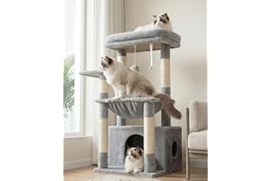 Heybly Cat Tree, Kitten Tower with Large Soft Cat Basket, Cat Condo with Spacious Cat Bed Cave with Hidden Space, Sisal-Covered Scratching Posts, Dangling Ball for Indoor Cats, Light Gray HCT008SW