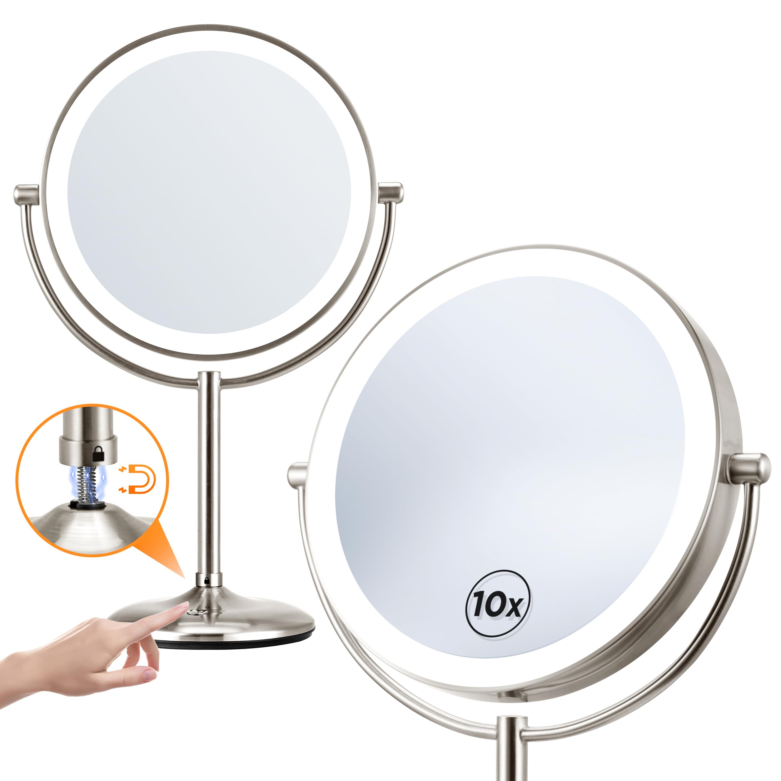 Photo 1 of Lighted Makeup Mirror with Magnification: 1X/10X Magnifying Vanity Mirror with 3 Color Dimmable Light, 9" Large Rechargeable Standing Desk Mirror, Base Touch & Base Charging Port, Touch Sensor, Nickel