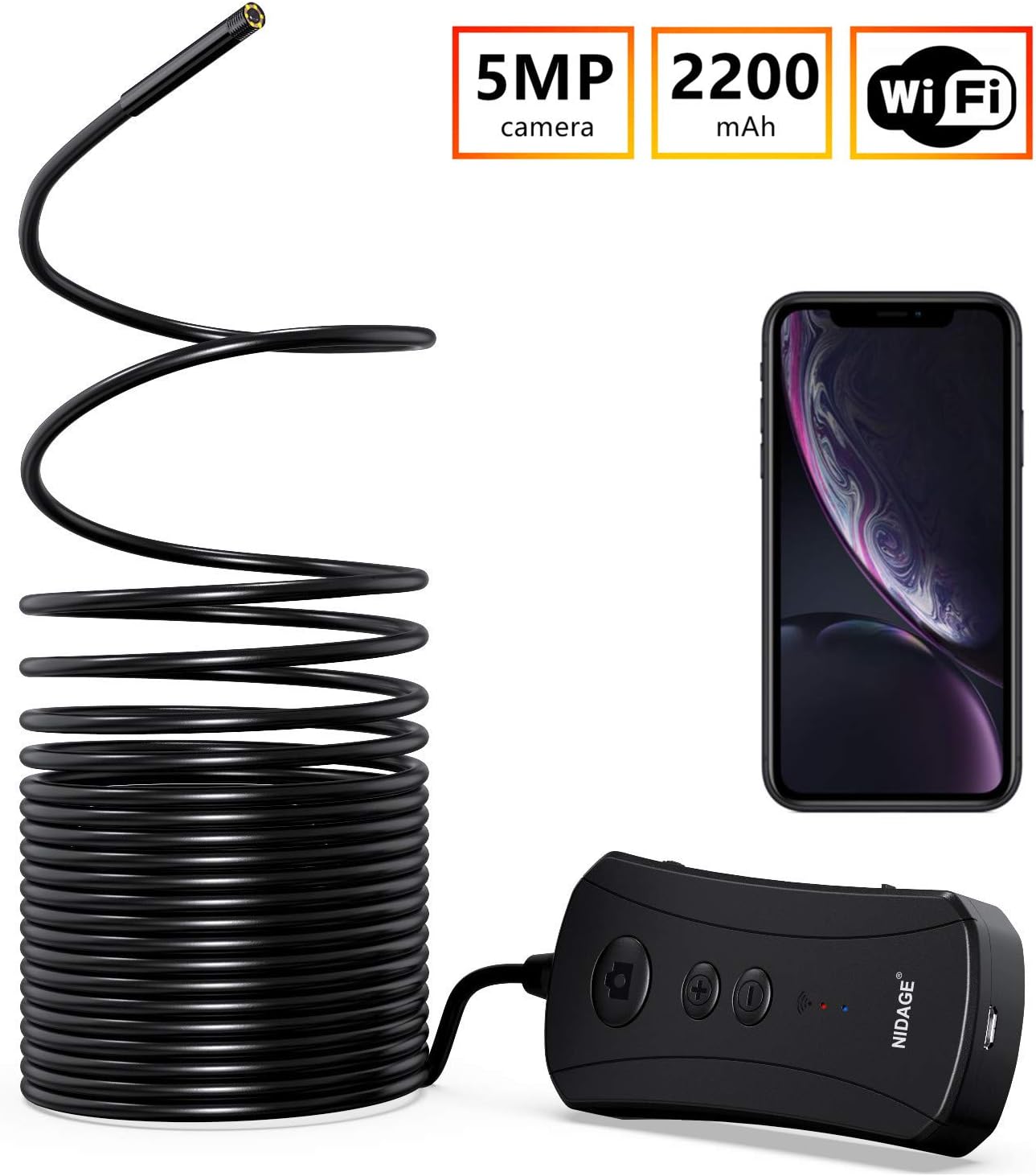 Wireless Endoscope, NIDAGE Upgrade 5MP HD WiFi Borescope 1944P Semi-Rigid Snake Camera with 2200 mAh Battery for Android and iOS Smartphone Tablet Automotive Drain Pipe House Check(33FT)
