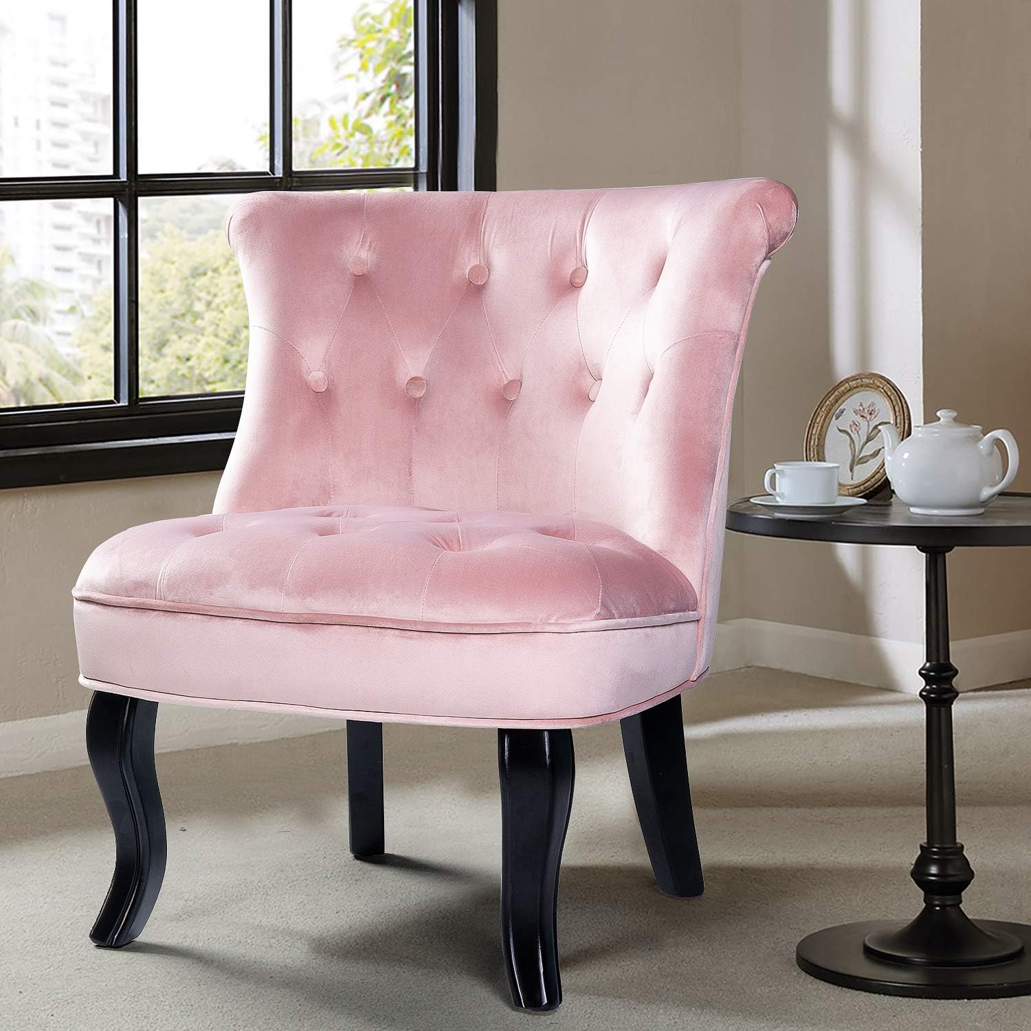 Amazon com: Pink Upholstered Chair/Jane Tufted Velvet Armless Accent