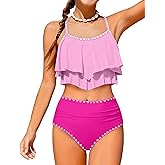 Boiltcat Girls Swimsuit Bikini Set 2 Piece Bathing Suit Tiered Ruffled Contrast Trim Adjustable Straps Girls Swimwear 9-16Y