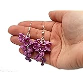 Purple lilac flower earrings, floral drop earrings, polymer clay jewelry, gift for her