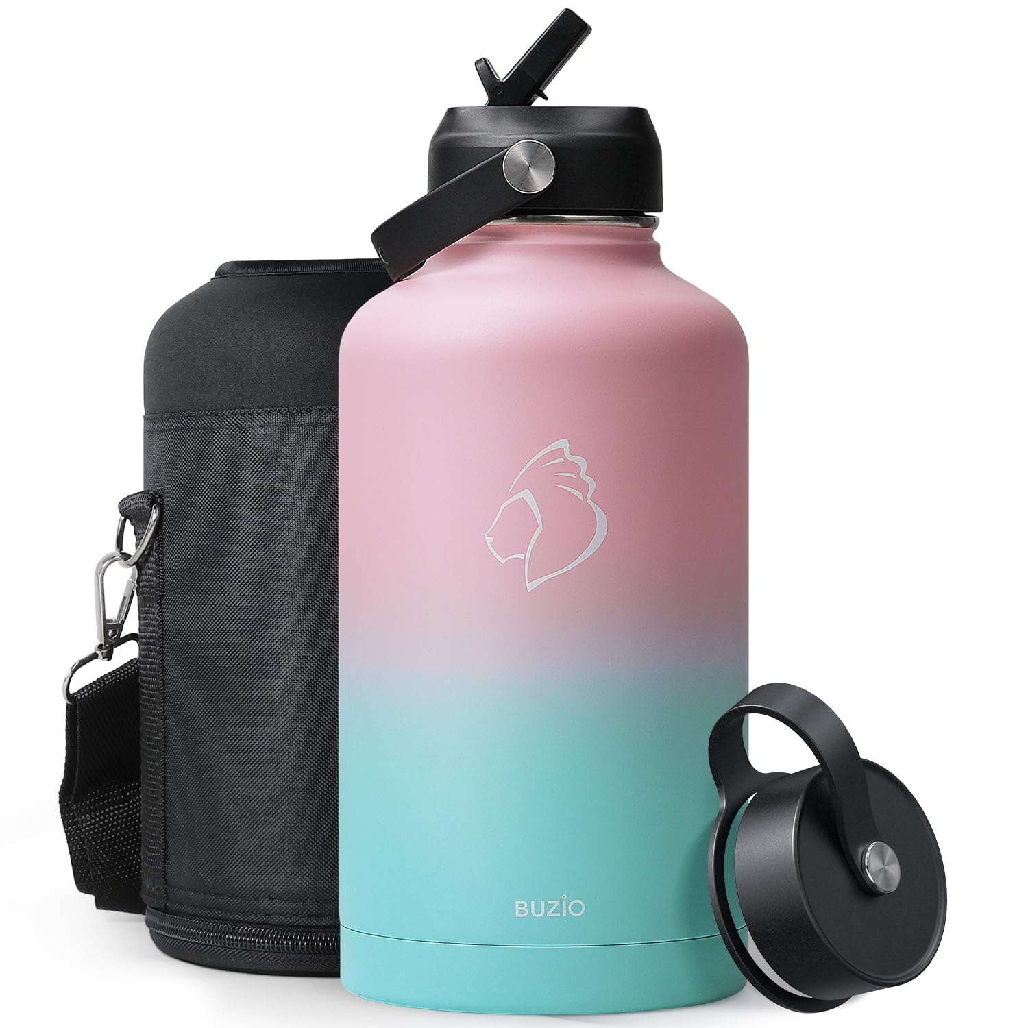 Stainless Steel Water Bottle 2L, BUZIO Insulated Water Bottle with Straw Lid and Flex Cap Keep Cold Hot for Double Wall Wide Mouth BPA Free Leak Proof, Blue&Pink