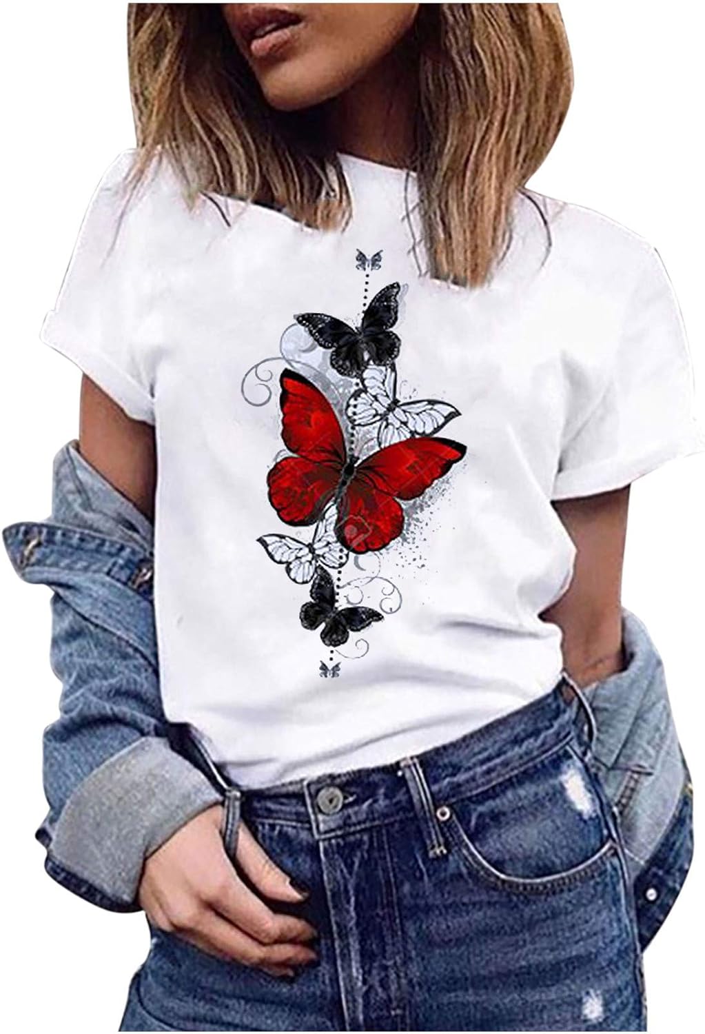 GZMMYI Tops for Women,Butterfly Printed Shirt Solid Color ONeck Blouse Summer GZMMYI Tops for Women,Butterfly Printed Shirt Solid Color ONeck Blouse Summer