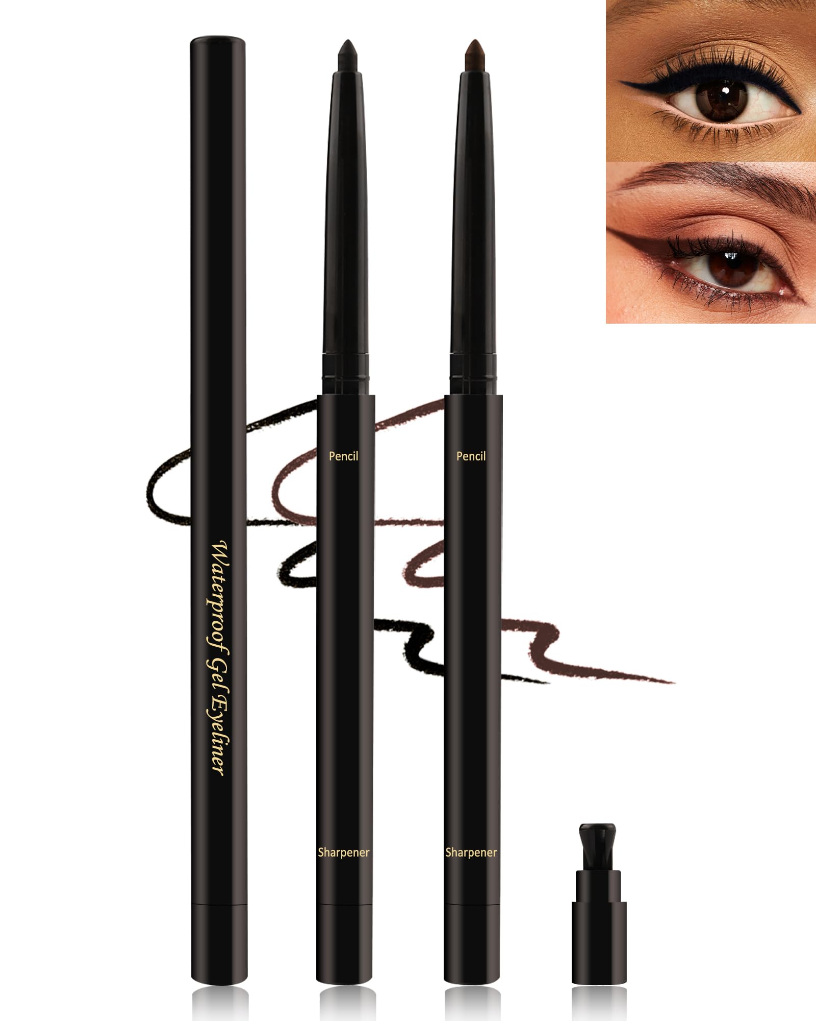 Black+Brown Gel Eyeliner for Older Women, Waterproof Smudge-Proof Retractable Eye Liner Pencil, Long Wear 24H, Matte Smooth Eyeliner Waterline with Sharpener for Mature Women Sensitive Eyes-2Pcs