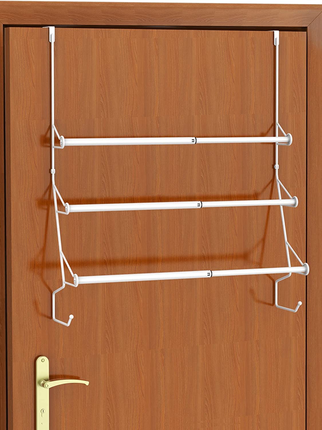 Over the Door Towel Rail, 3-Tier Adjustable Bathroom Towel Rack with Hooks, Hanging Towel Bar Holders for Towel Storage, White