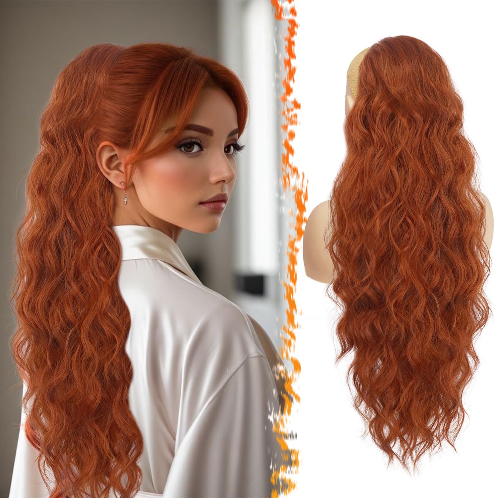 BARSDAR Copper Red Ponytail Extension, 26 Inch Drawstring Ponytail Hair Extensions for Women, Long Curly Wavy Synthetic Clip in Fake Pony Tails Hairpieces Girls Daily Party- Cowboy Copper Red