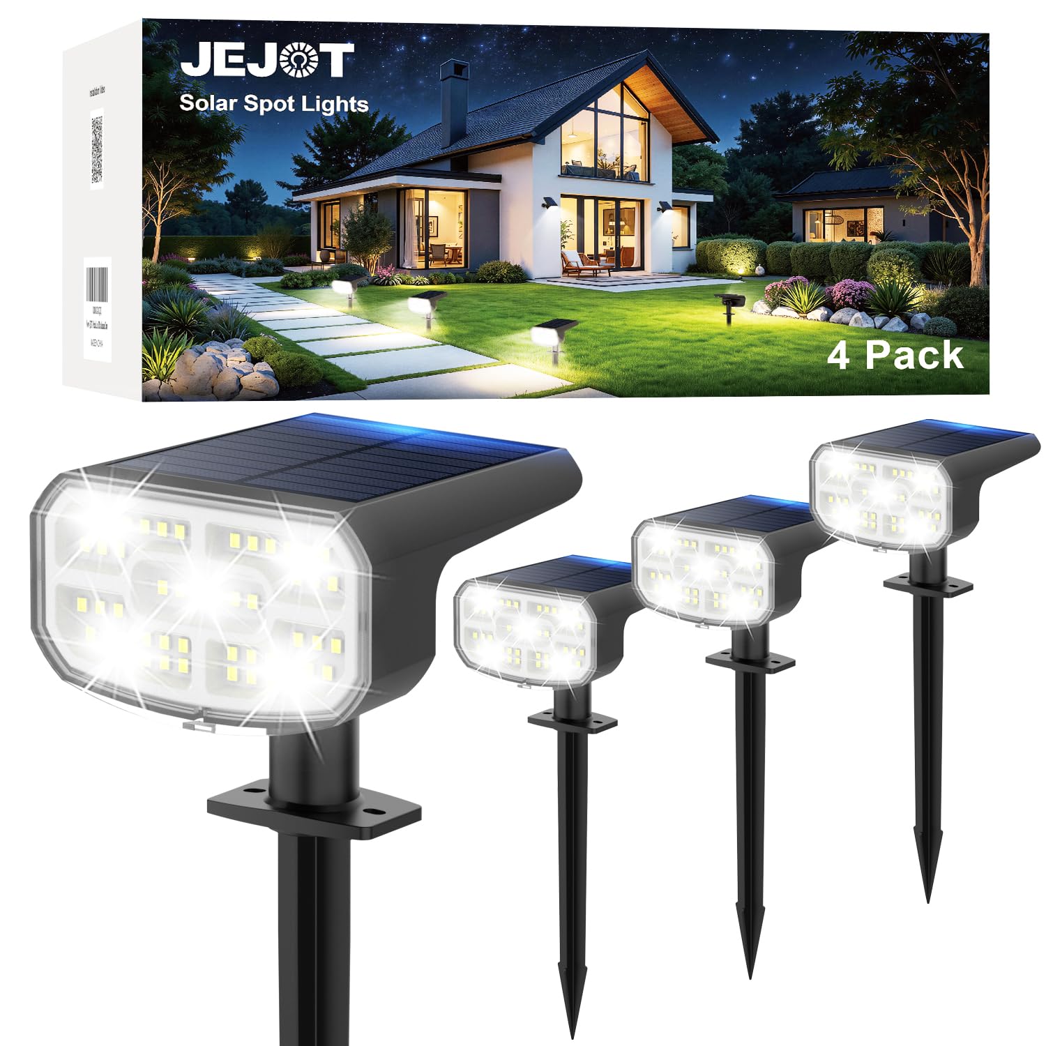 Photo 1 of **MISSING PARTS** JEJOT Solar Spot Lights Outdoor Waterproof IP65,4 Pack,Cool Light,2 Lighting Modes Selectable, Solar Powered Yard Garden Solar Spot Lights for Outside Landscape Auto On/Off