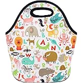 Neoprene Lunch Bag for Kids, Insulated Lunch Box Tote for Women Men Adult Teens Boys Teenage Girls Toddlers (Alphabet Animals)