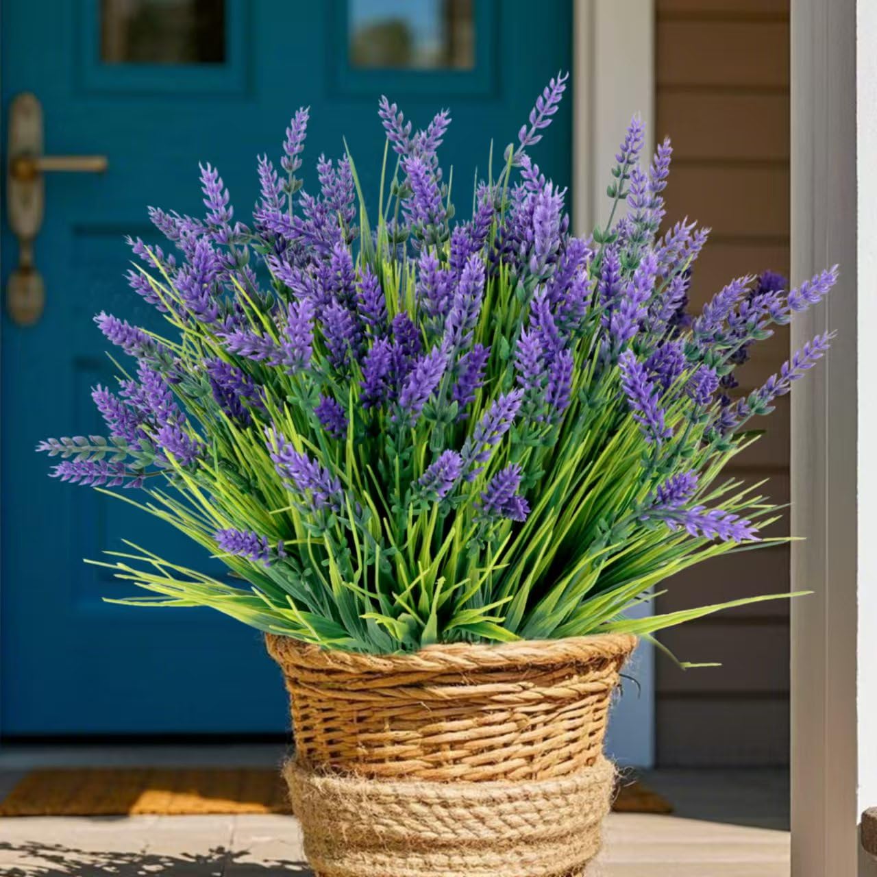 Photo 1 of jabeick 12 Bundles Artificial Plants Outdoor, UV Resistant Fake Lavender Flowers Faux Plastic Monkey Grass for Pot Porch Patio Yard Garden Deck Window Box Decor(Grass with Purple Flowers)