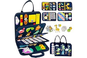 Qizfun Toddler Busy Board Montessori Toys – Sensory Busy Book, Educational Learning Travel Toy for Airplane & Car, Keeps Toddlers Entertained, Birthday Gifts for Toddler Boys Girls (Blue/P8)