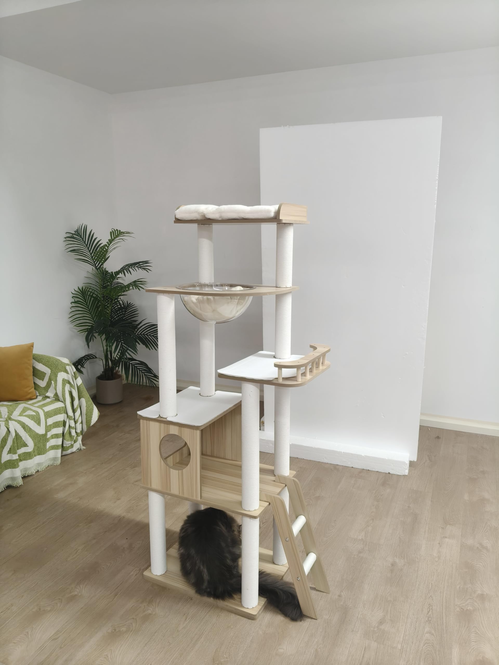 OROPY キャットタワー 据え置き型 木製 多頭飼い 大型猫対応 短足猫 老猫 太り気味猫に優しい 宇宙船ハンモック 隠れ家 展望台 爪とぎポスト 階段付き 猫タワー