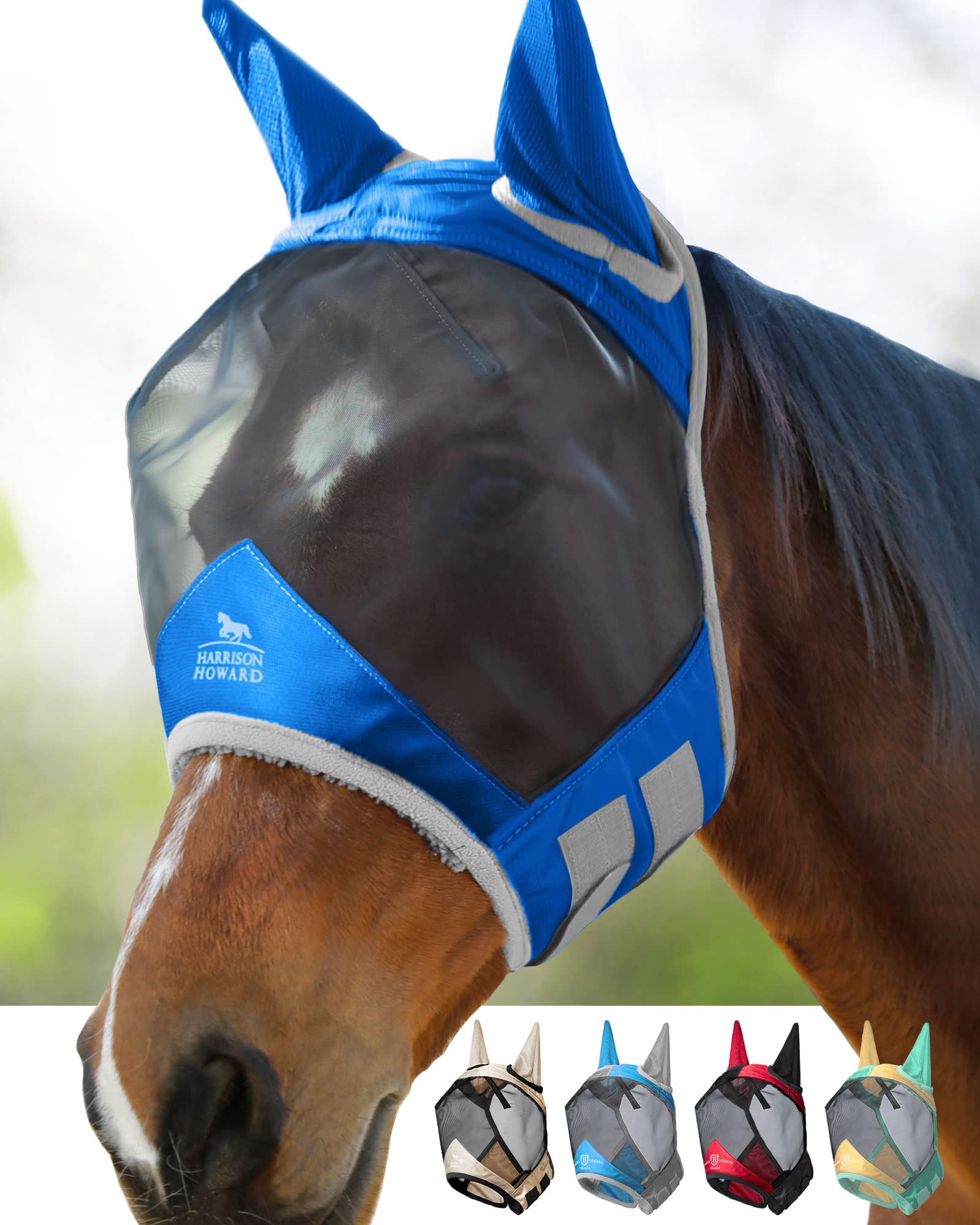 Harrison Howard Pro Luminous Horse Fly Mask Standard with Ears UV Protection for Horse Signature Blue XL Extra Full Size