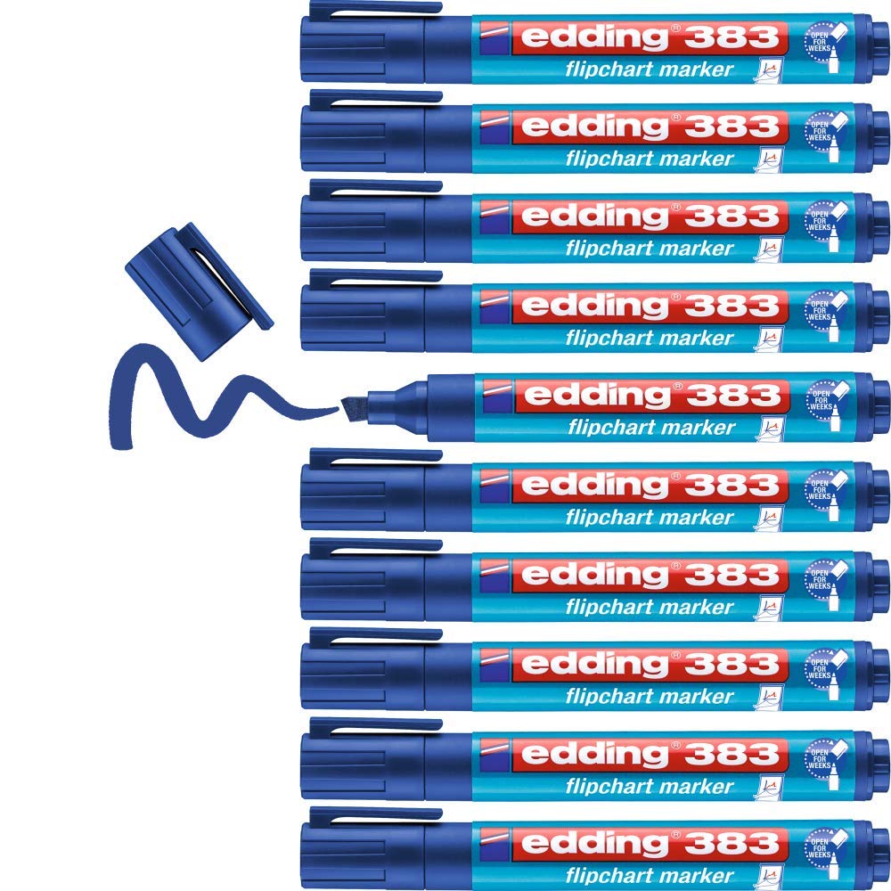 edding 383 flipchart marker - blue - box of 10 - chisel nib 1-5 mm - marker for writing, drawing and marking on flipchart paper - does not bleed through - does not dry out