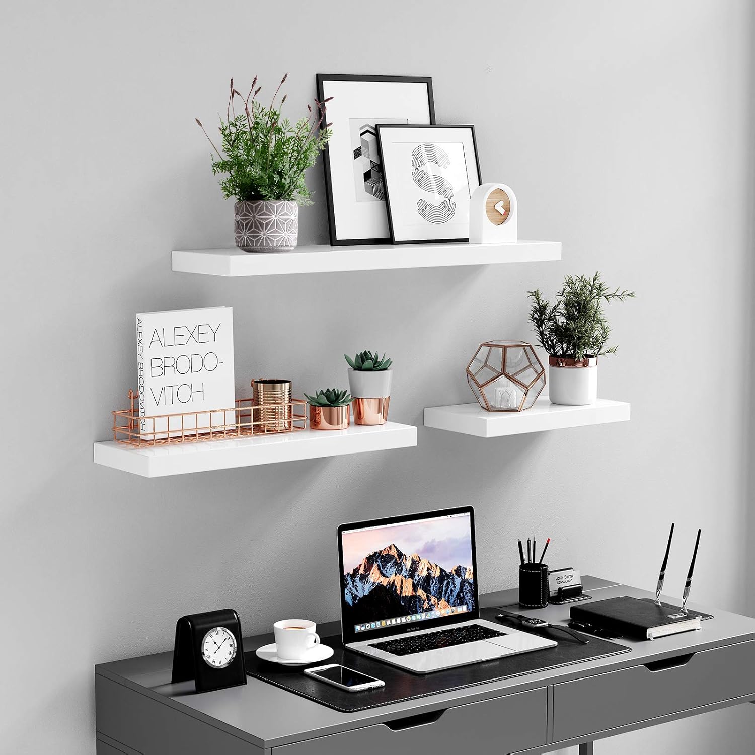 VASAGLE Floating Shelf Set of 2, Wall Shelf 23.6 Inch, Hanging Shelves Wall Mounted, for Photos, Decorations, MDF, White ULWS26WT-2: Furniture & Decor