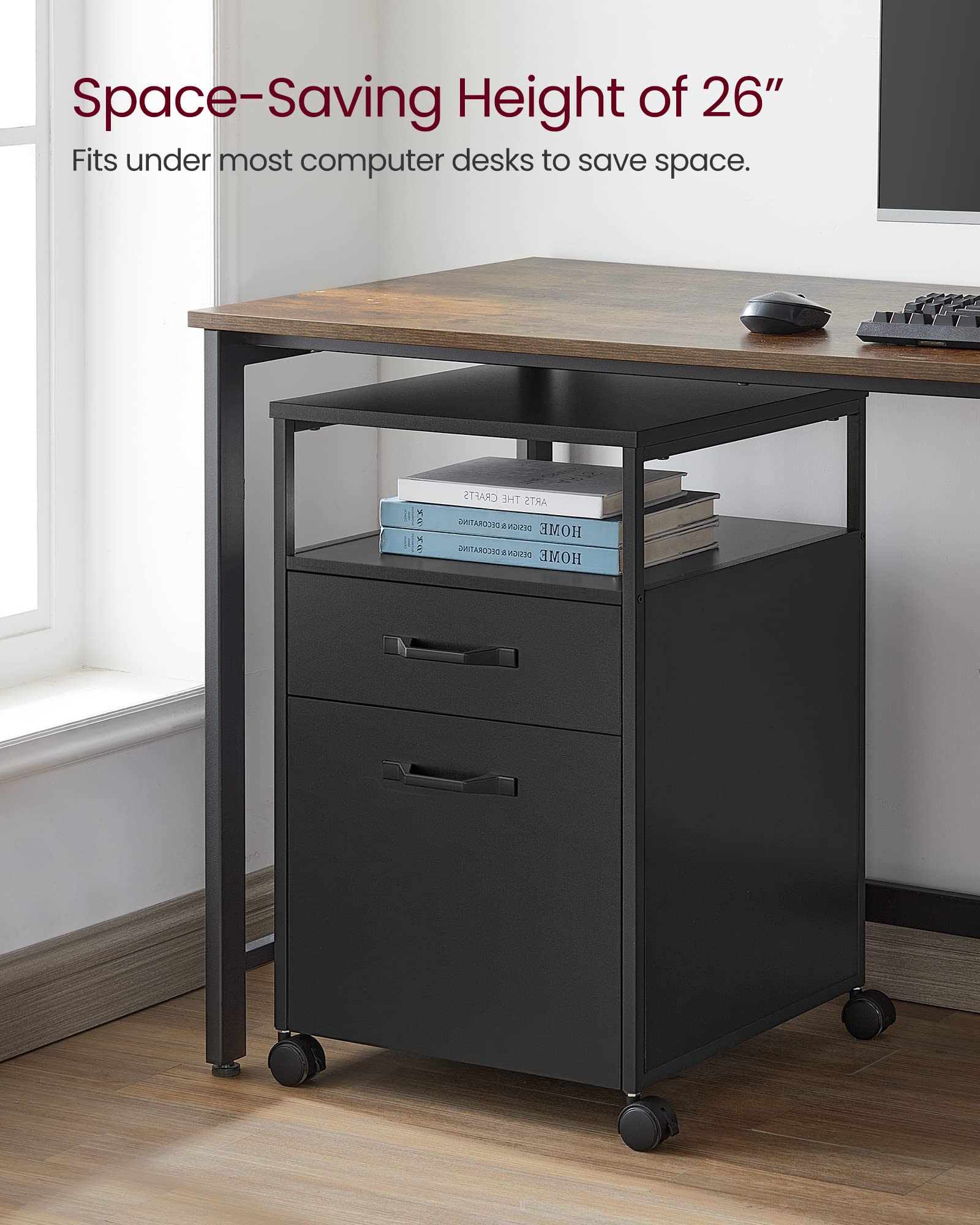 VASAGLE File Cabinet, Mobile Filing Cabinet with Wheels, 2 Drawers, Open Shelf, for A4, Letter Size, Hanging File Folders, Ink Black UOFC071B16